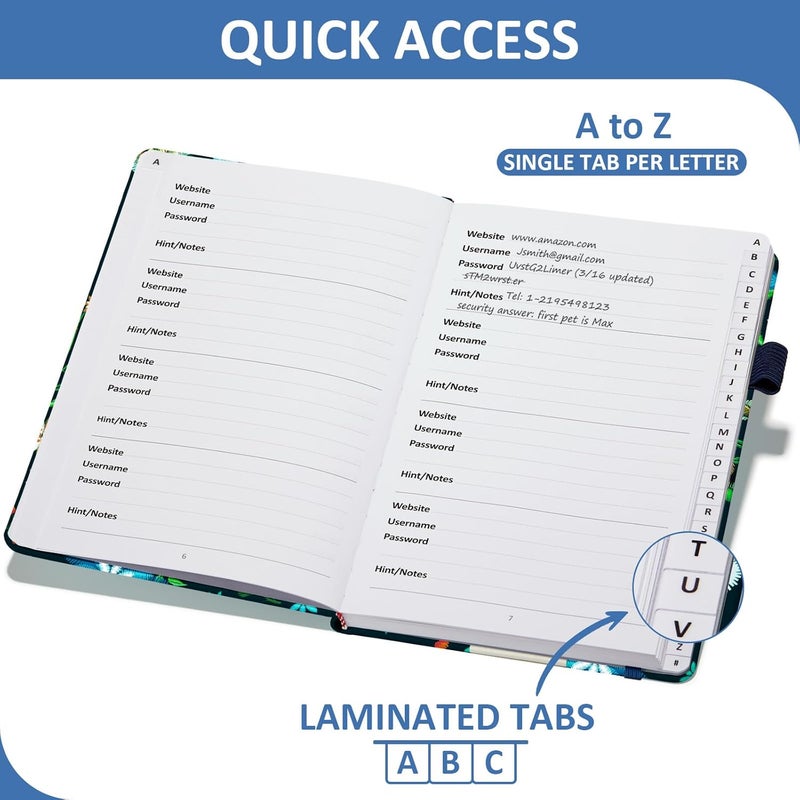 COMKISO Store Password Book with Individual Alphabetical Tabs Laminated, Large Print Password Keeper Book for Seniors, A5 Hardcover Internet Password Log Book to Record Website Login Details - Bloom - Image 2